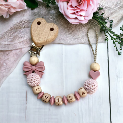 Schnullerkette personalisiert Mädchen Holz Natur Bio rosa mit Name