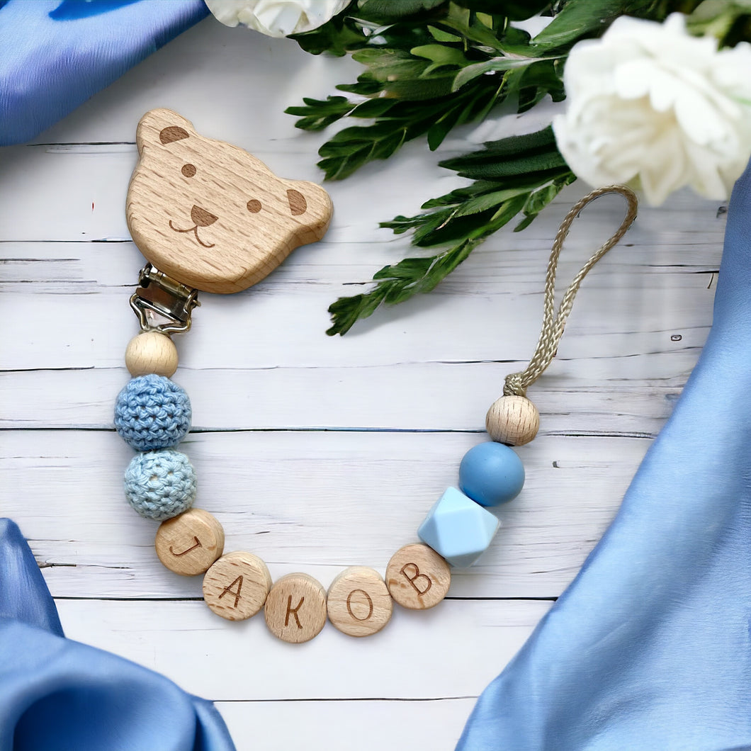 Schnullerkette mit Namen personalisiert Junge Silikon Holz blau Teddy