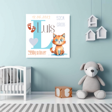 Load image into Gallery viewer, Personalisiertes Kinderzimmer Bild mit Namen Baby Türkis Katze
