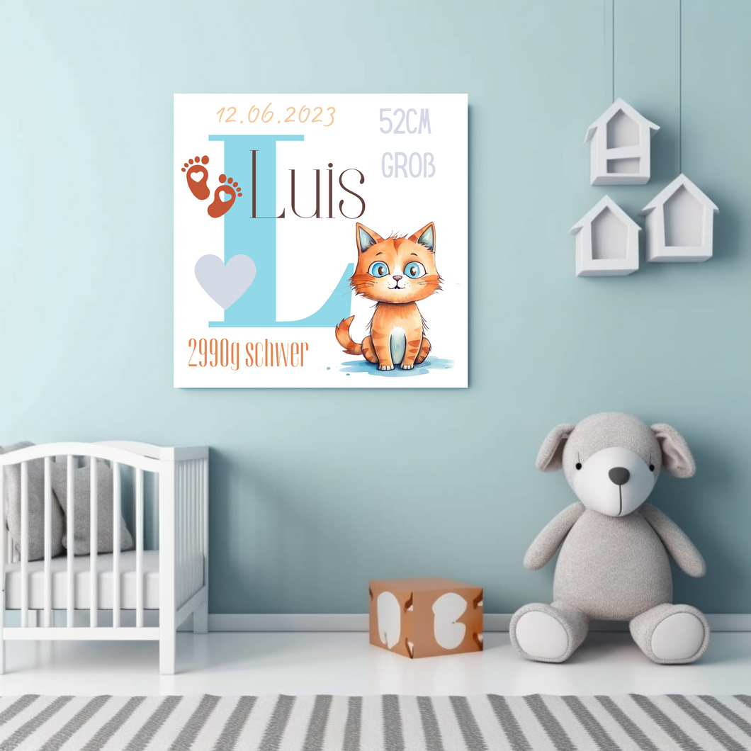 Personalisiertes Kinderzimmer Bild mit Namen Baby Türkis Katze