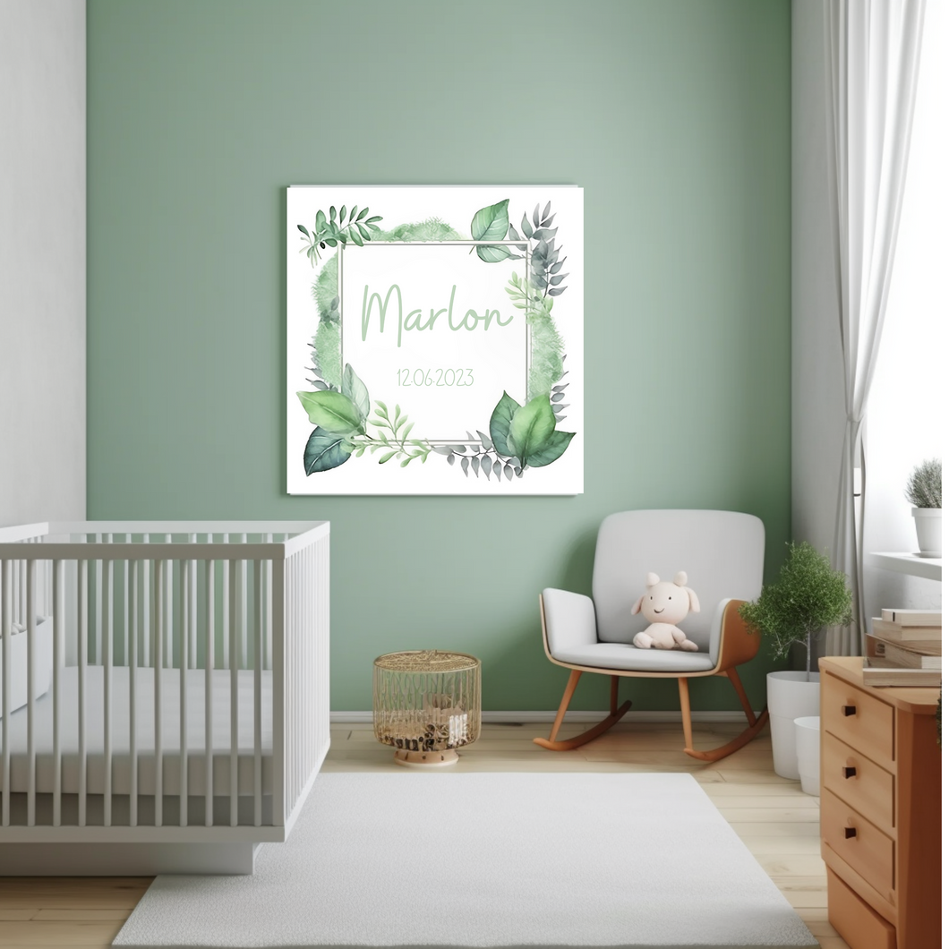 Wandbild mit Namen Baby personalisiertes Bild Blätter Junge