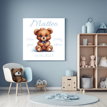 Load image into Gallery viewer, Babyzimmer Bild mit Namen Junge personalisiert Bär blau Geburtsbild
