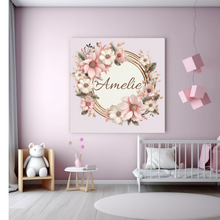 Load image into Gallery viewer, Personalisiertes Kinderzimmer Deko Bild mit Namen Baby rosa Blumen
