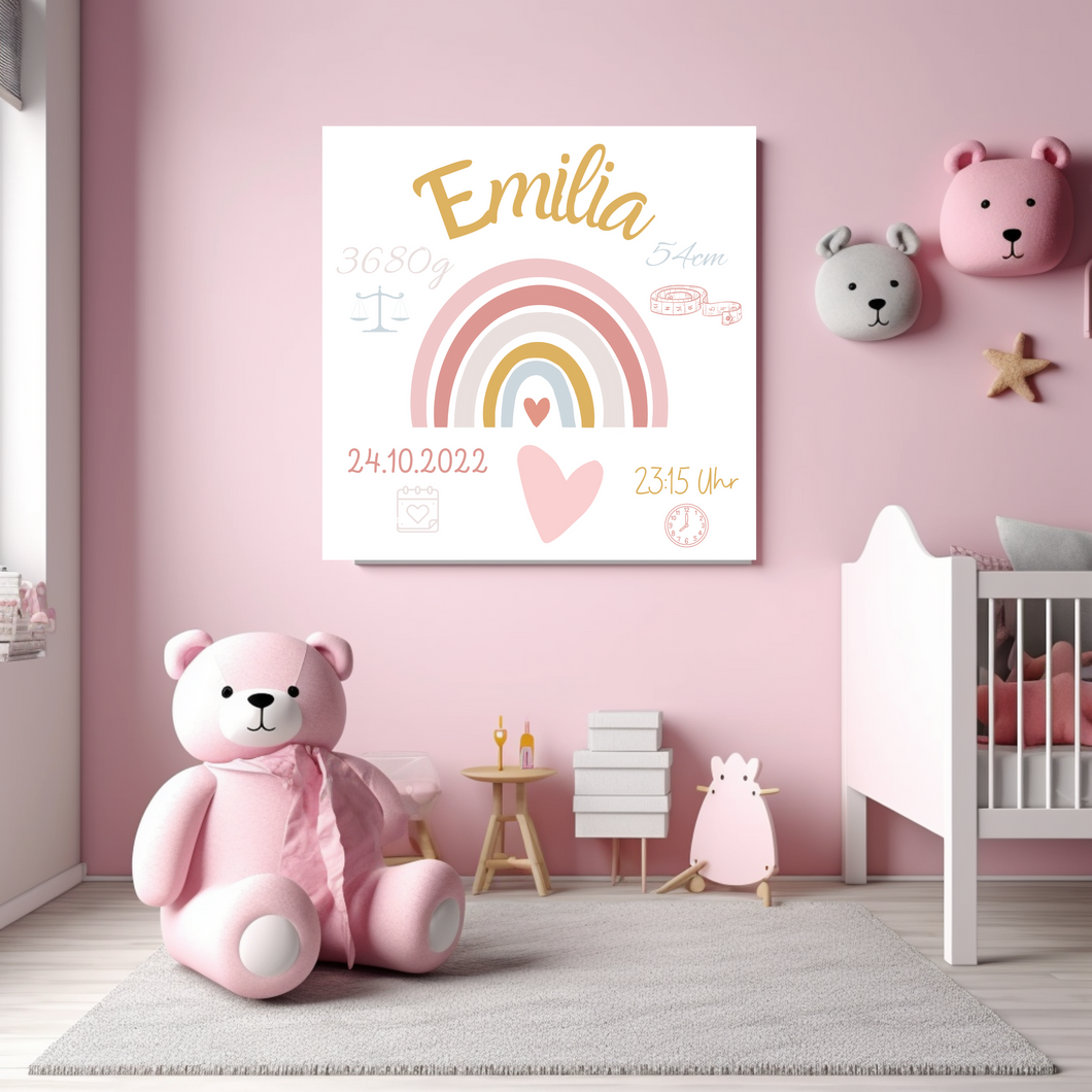 Personalisiertes Kinderzimmer Bild mit Namen Baby rosa Regenbogen
