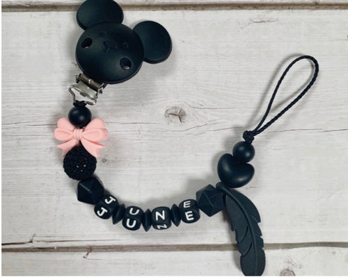 Schnullerkette Nuggikette schwarz rosa Silikon Mädchen Baby Geschenk