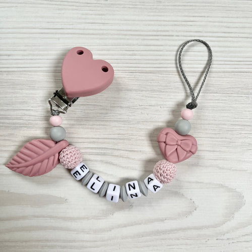 Schnullerkette mit Namen rosa altrosa Mädchen Baby Geschenk Taufe