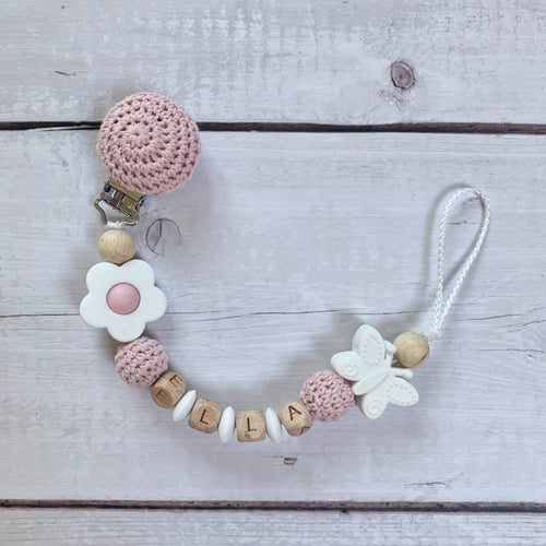 Schnullerkette mit Namen Mädchen gehäkelt rosa weiß Holz Baby Geschenk 