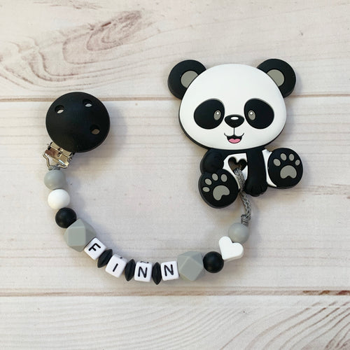 Beißkette mit Namen personalisiert Baby Mädchen Geschenk Silikon schwarz grau Panda