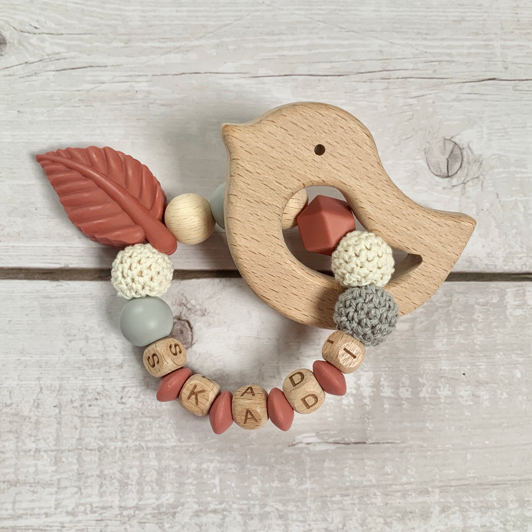 Beißring Greifring mit Namen Silikon Holz Baby Geschenk