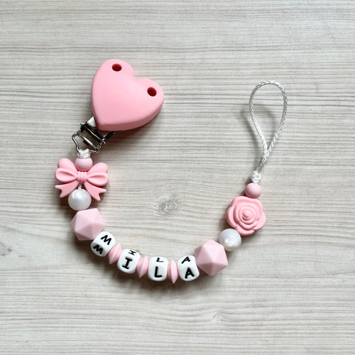Schnullerkette mit Namen Silikon Mädchen rosa weiß 