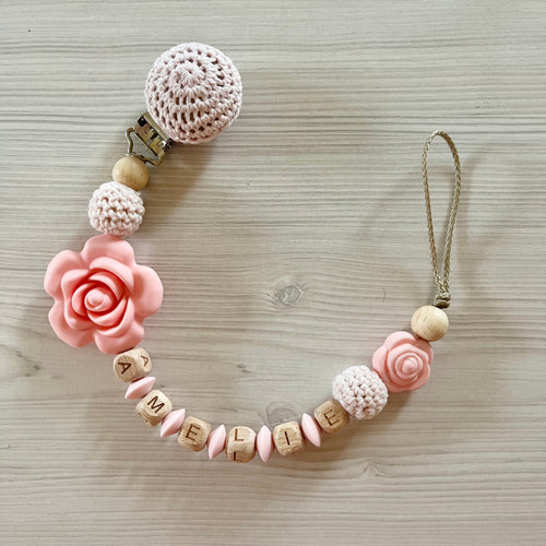 Schnullerkette mit Namen Mädchen Silikon Holz Rosen