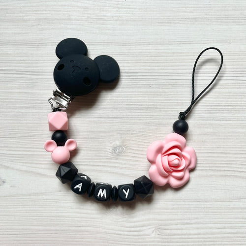 Schnullerkette mit Namen Silikon Mädchen schwarz rosa Blume