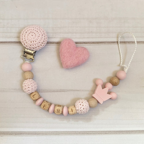 Schnullerkette mit Namen Mädchen Holz Natur gehäkelt Krone rosa