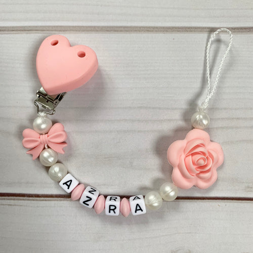 Schnullerkette Nuggikette mit Namen Mädchen Blume Rose rosa weiß 