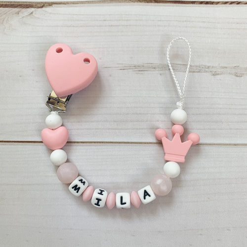 Schnullerkette Nuckelkette Nuggikette mit Nsmen Krone rosa Mädchen