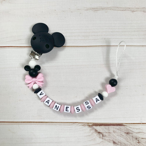 Schnullerkette Nuggikette mit Namen Mädchen Silikon rosa schwarz Herz 