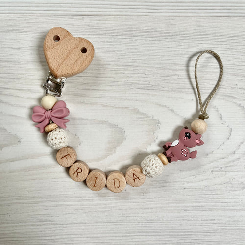 Schnullerkette mit Namen Mädchen Reh rosa beige Holz