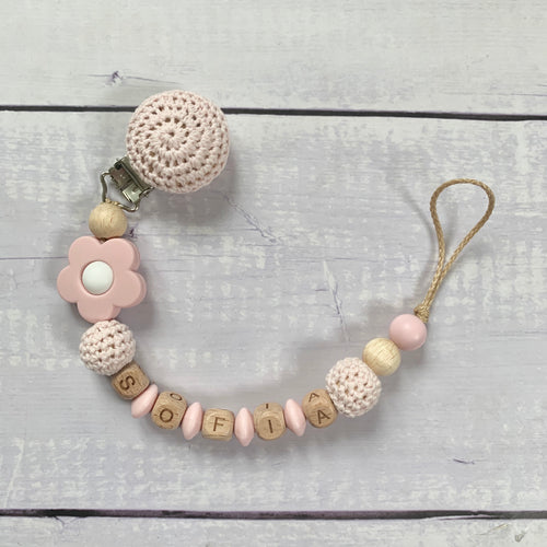 Schnullerkette Nuckelkette Nuggikette mit Namen rosa Holz mit Häkelperlen Blume Mädchen