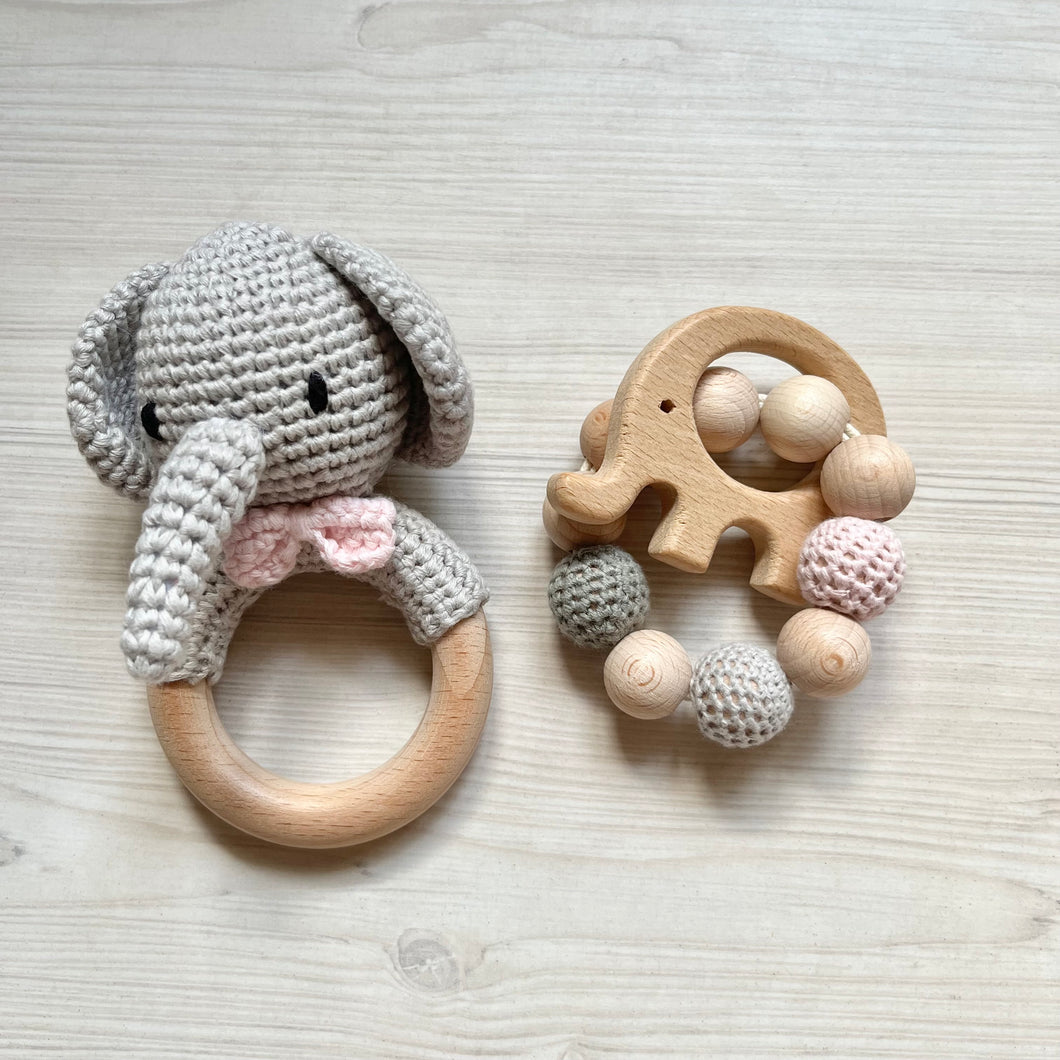 Häkel Elefant Set rosa gehäkelt Greifring Mädchen Geschenk zur Geburt Baby