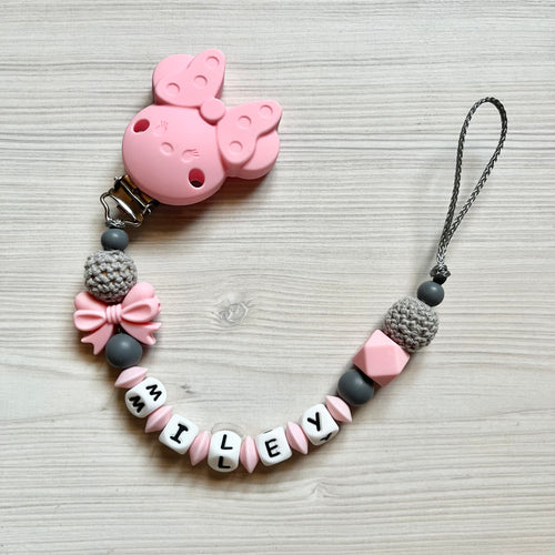 Schnullerkette mit Namen rosa grau Silikon Mädchen Minnie Maus
