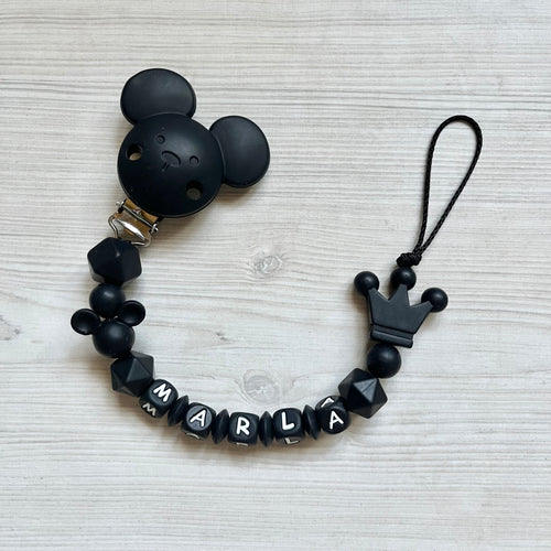 Schnullerkette mit Namen Silikon schwarz Mickey Maus Krone