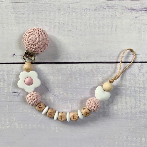 Schnullerkette Schnullerband mit Namen gehäkelt rosa weiß beige Holz